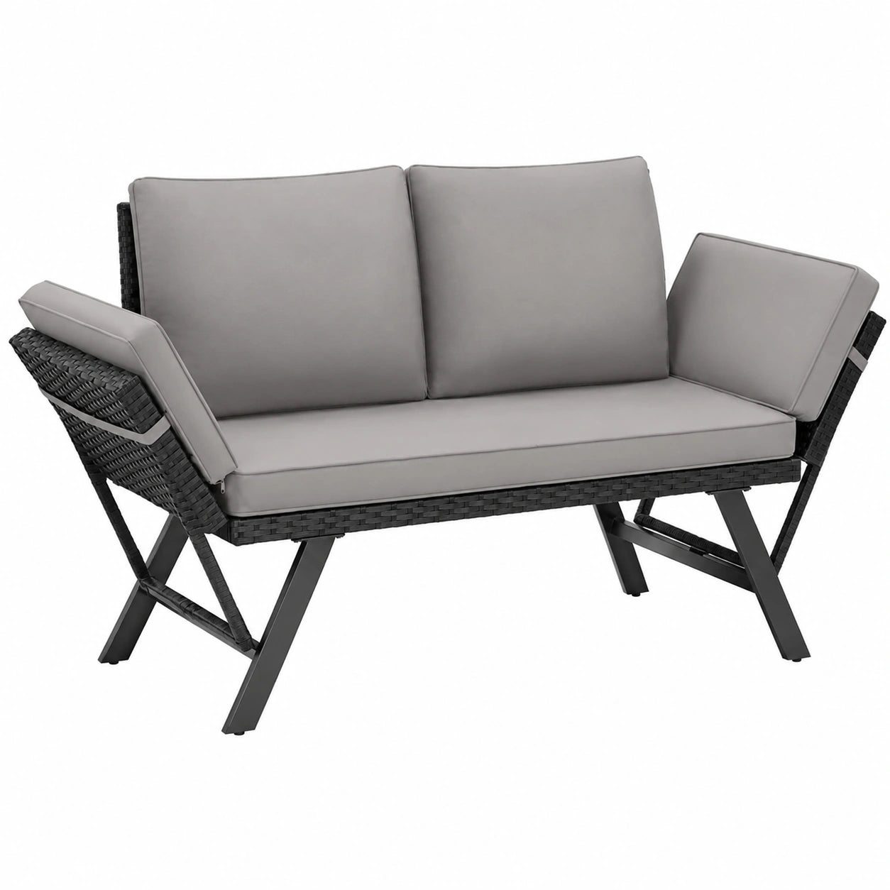 Loungesofa – klappbar, mit Armlehnen, mit Schlaffunktion, aus Rattan, Hellgrau und Schwarz, für Balkon
