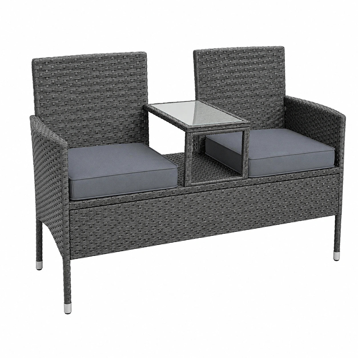 Gartenbank – 2-Sitzer, 143 × 63 × 88 cm, mit Ablagen, aus Rattan, Anthrazit, für Garten und Balkon