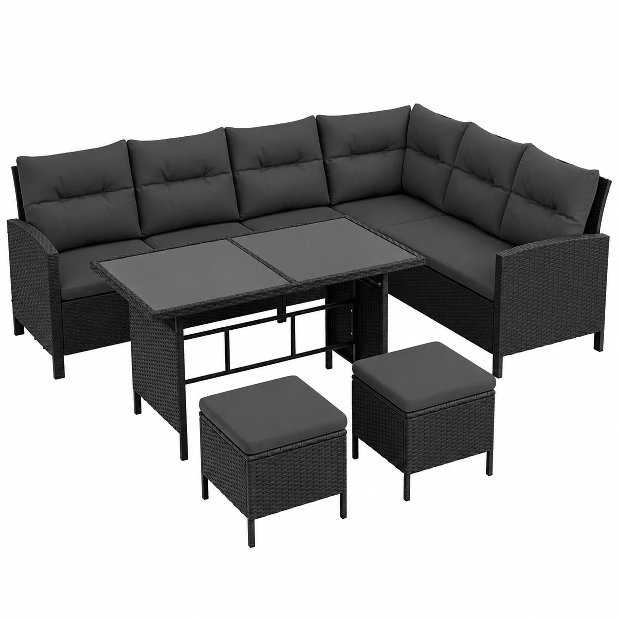Ecksofa – aus Rattan, Grau und Schwarz, für Garten, Terrasse und Balkon