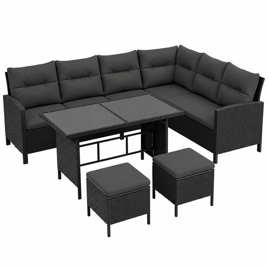 Ecksofa – aus Rattan, Grau und Schwarz, für Garten, Terrasse und Balkon