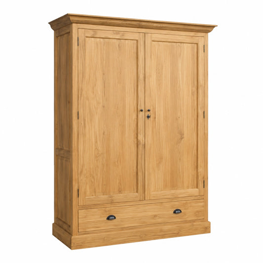 Kleiderschrank – 210 × 160 × 61 cm, rechteckige Form, aus Massivholz und Teakholz, Naturfarben, für Schlafzimmer