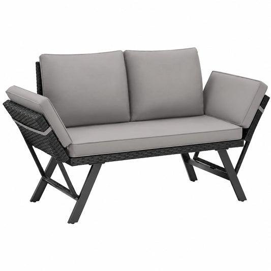 Loungesofa – klappbar, mit Armlehnen, mit Schlaffunktion, aus Rattan, Hellgrau und Schwarz, für Balkon