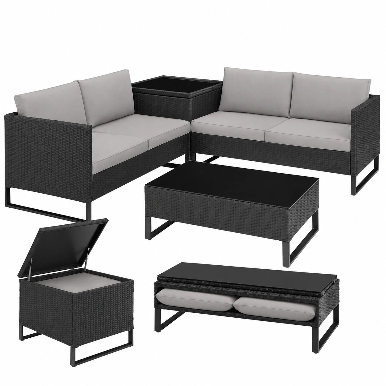 Sitzgruppe – aus Rattan, Schwarz, für Garten, Terrasse und Balkon
