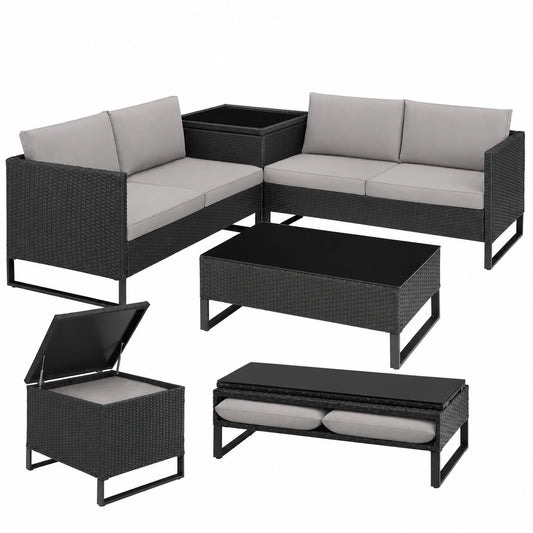 Sitzgruppe – aus Rattan, Schwarz, für Garten, Terrasse und Balkon