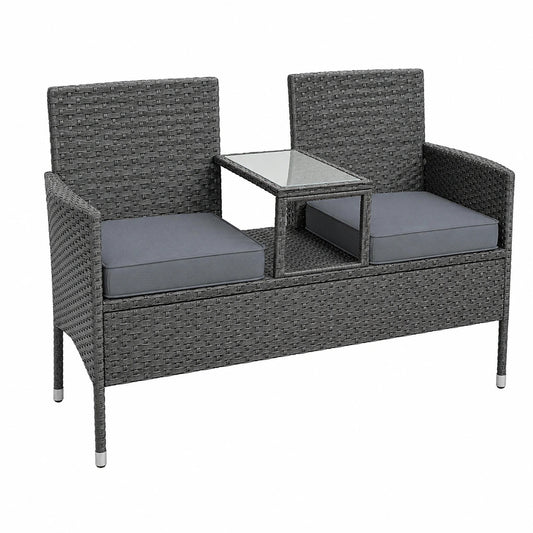 Gartenbank – 2-Sitzer, 143 × 63 × 88 cm, mit Ablagen, aus Rattan, Anthrazit, für Garten und Balkon